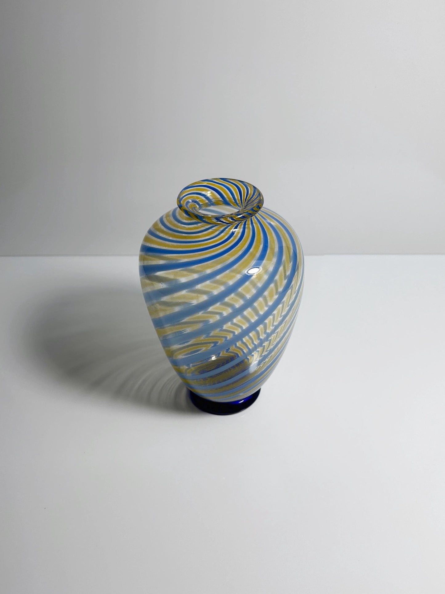 Vintage Murano Swirl Vase Fratelli Toso Blue Yellow Glass Stripe Glass Venice Tonelli Mid Century Vase 1950s