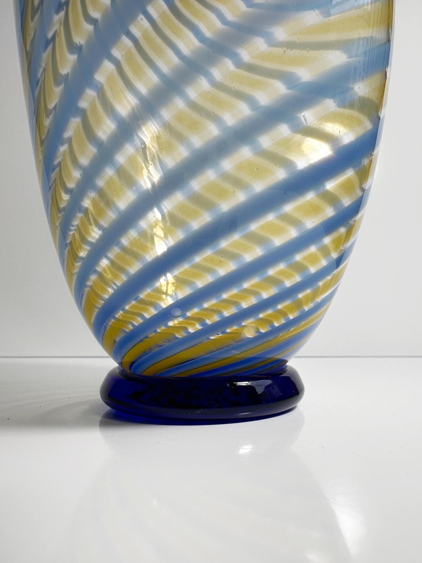 Vintage Murano Swirl Vase Fratelli Toso Blue Yellow Glass Stripe Glass Venice Tonelli Mid Century Vase 1950s