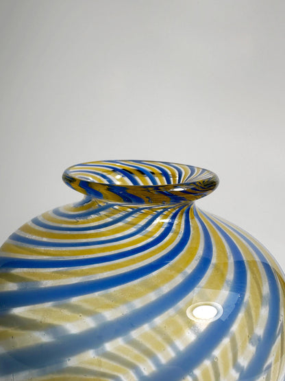 Vintage Murano Swirl Vase Fratelli Toso Blue Yellow Glass Stripe Glass Venice Tonelli Mid Century Vase 1950s