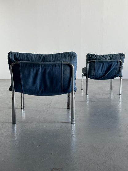 Set of 2 Mid-Century Modern Blue "Denim" Lounge Chairs, Cotton Fabric and Chromed Tubular Steel Frame, Austria 1980s Vintage