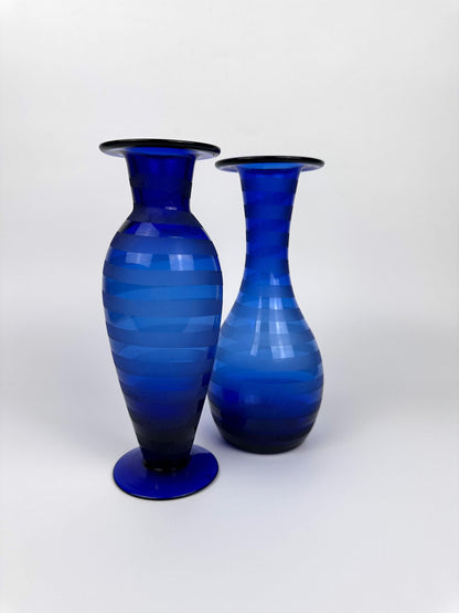 Vases Set Cobalt Blue Stripes Swirl Postmodern 90s Vintage Frosted Satin Y2K