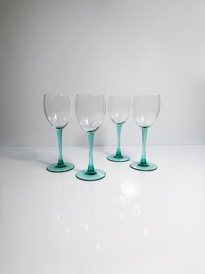 4 Vintage Red White Wine Glasses Turquoise Green Luminarc Glass Goblet 80s Art Deco Revival France