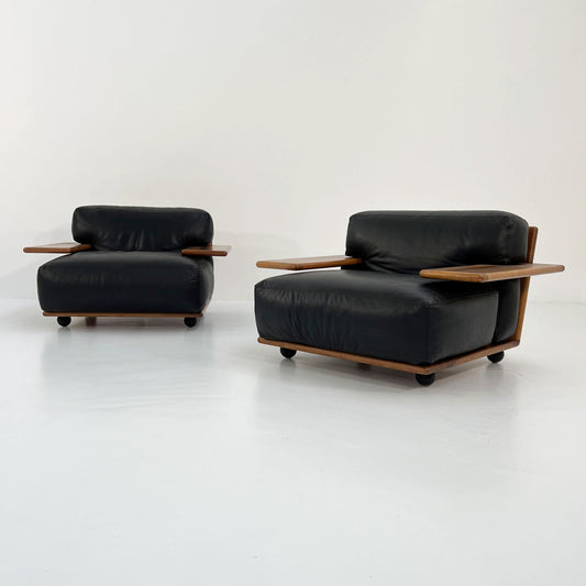 Set of 2 Pianura armchairs in black leather by Mario Bellini for Cassina, 1970s