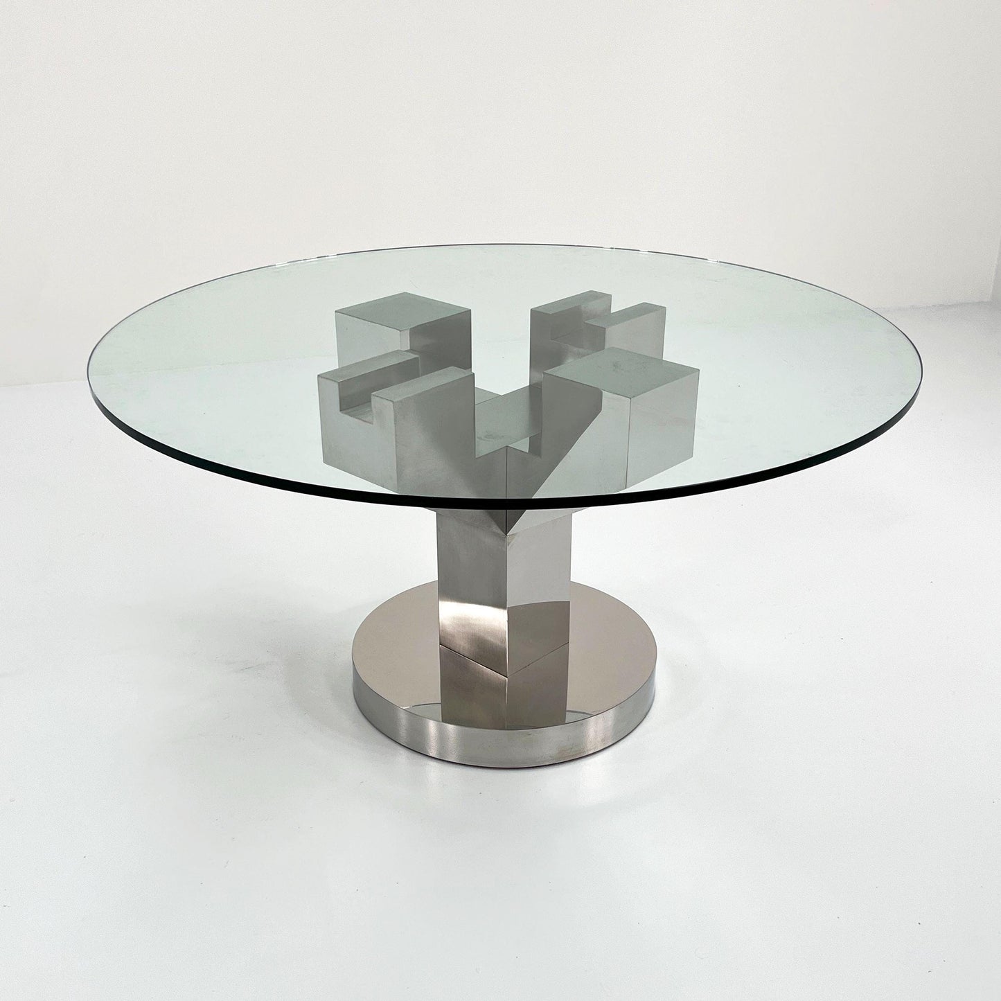 Structural dining table with chrome legs and glass top, 1970s vintage