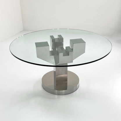 Structural dining table with chrome legs and glass top, 1970s vintage