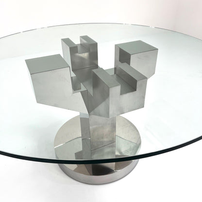 Structural dining table with chrome legs and glass top, 1970s vintage