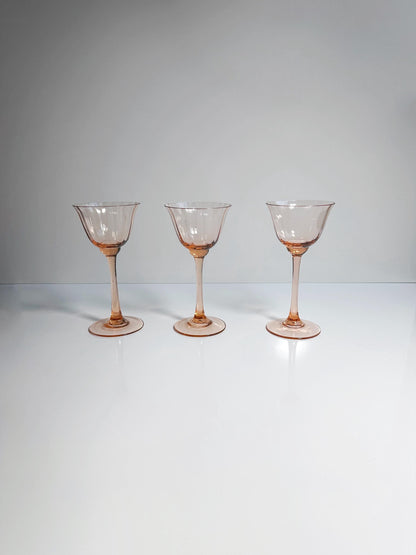 3x Vintage Art Nouveau Wine Glasses Pink Swirl Rosalin Handmade 1910 White Wine Red Wine