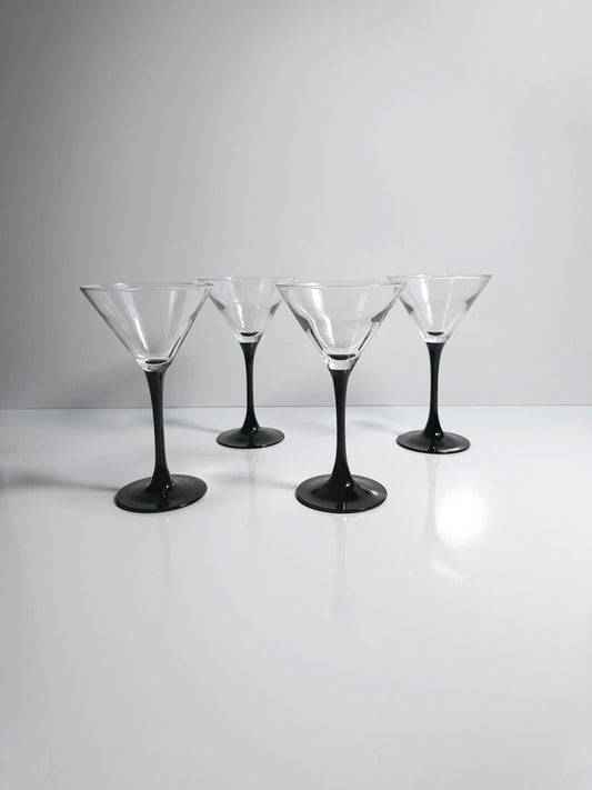 4 Vintage Martini Glasses Black Domino Luminarc Onyx Sparkling Wine Bowls Goblet Chalice Minimalist 80s Art Deco Revival France