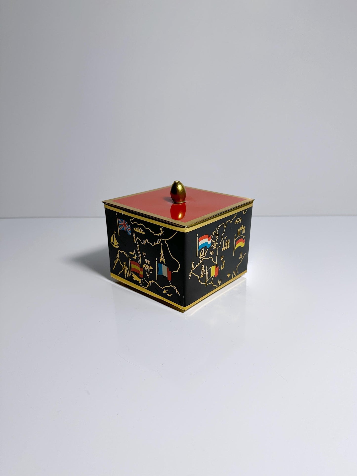 Vintage Metal Candy Dish Lidded Tin Mid Century Asian Mid Century Black Orange Red Europe Flags Gold Cadmium Tin Storage