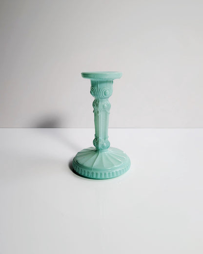 Art Deco Revival Glass Candlestick Candle Holder Mint Green Pastel Turquoise 80s 1980 80s Floral Matt Vintage