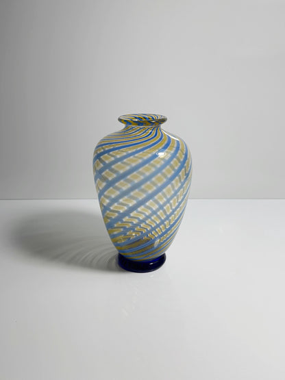 Vintage Murano Swirl Vase Fratelli Toso Blue Yellow Glass Stripe Glass Venice Tonelli Mid Century Vase 1950s