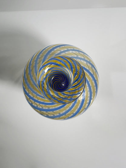 Vintage Murano Swirl Vase Fratelli Toso Blue Yellow Glass Stripe Glass Venice Tonelli Mid Century Vase 1950s