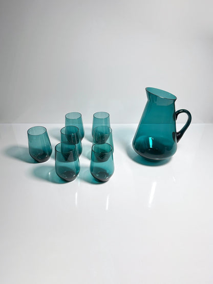 Carafe en verre Kaj Franck des années 50 60 + 7 verres à boire Nuutajärvi Finlande Beryl Essence Turquoise Mid Century Jug Jug vintage