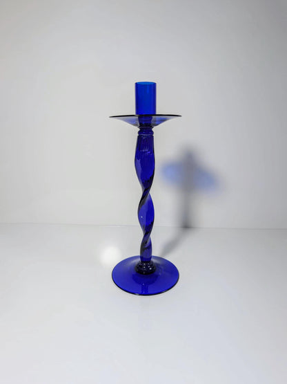 Vintage Glass Candlestick 80s 90s Cobalt Blue Swirl Twisted Large Candle Holder Ultramarine Y2K