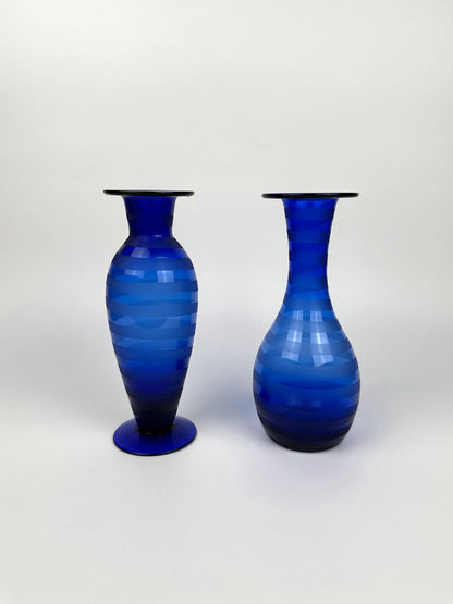 Vases Set Cobalt Blue Stripes Swirl Postmodern 90s Vintage Frosted Satin Y2K