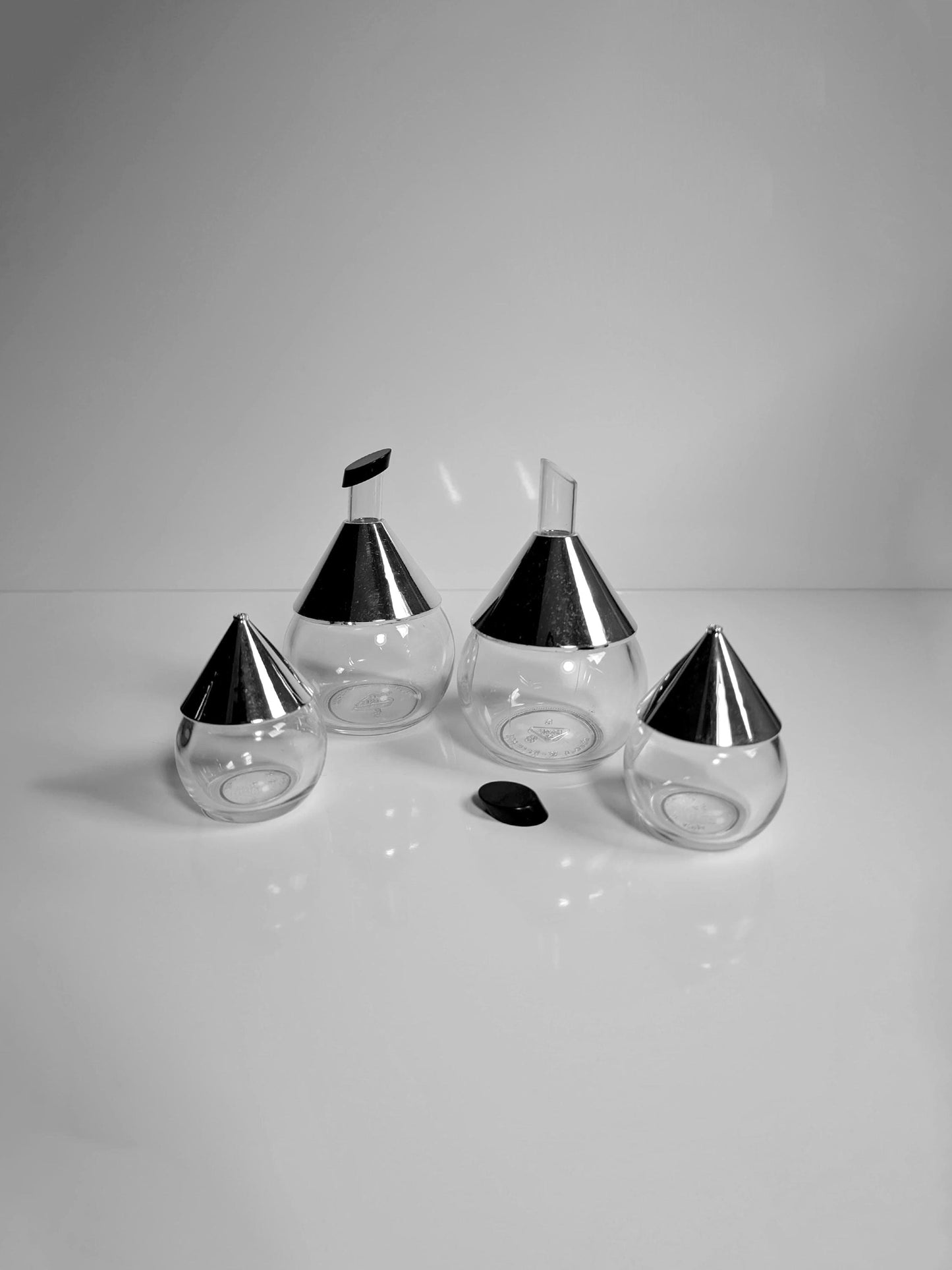 Vintage BMF Cruet 80s Postmodern - Oil, Vinegar, Salt Condiment Set Chrome Metal Glass 80s 1980