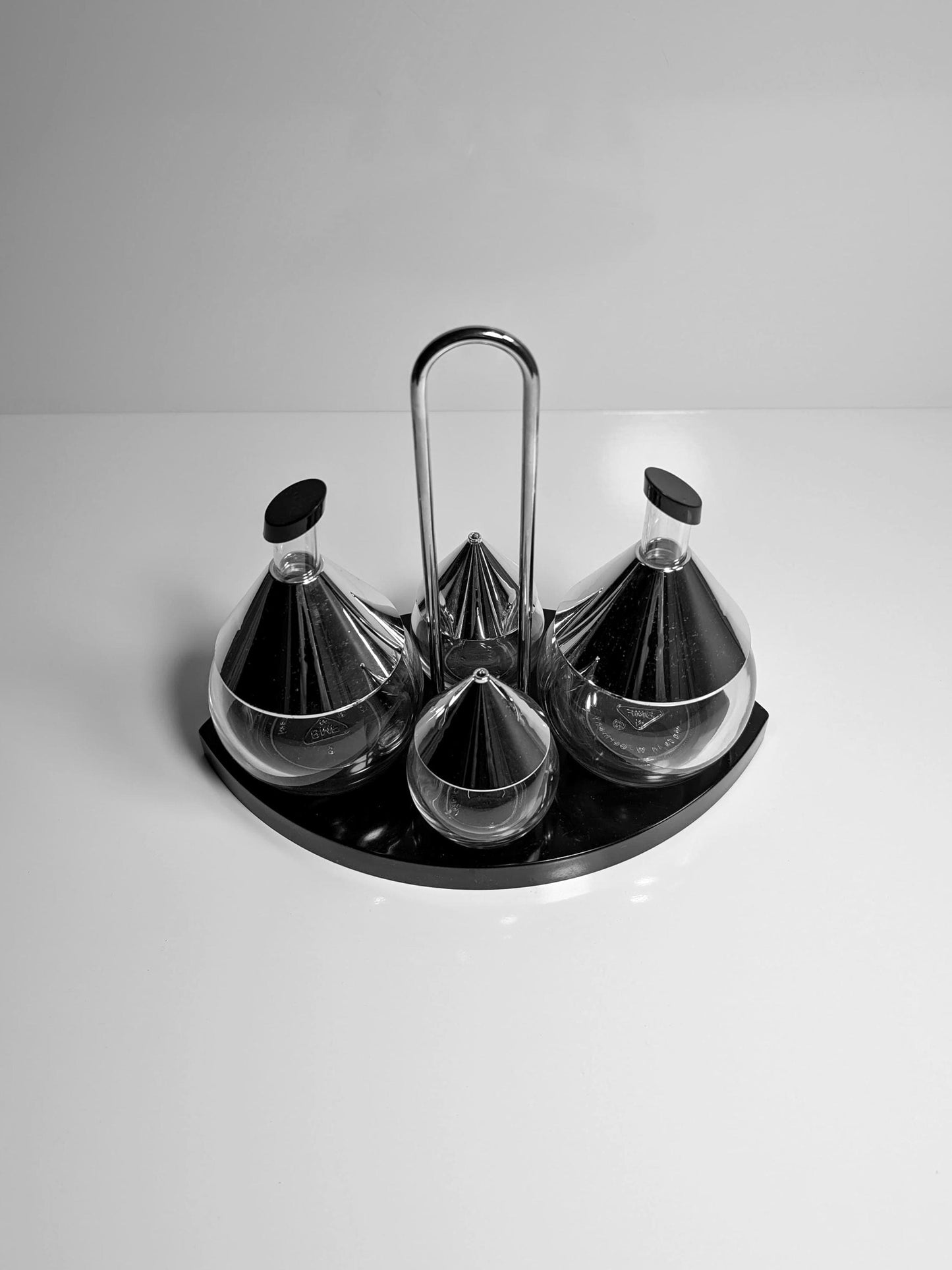 Vintage BMF Cruet 80s Postmodern - Oil, Vinegar, Salt Condiment Set Chrome Metal Glass 80s 1980