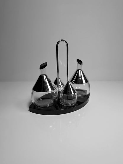 Vintage BMF Cruet 80s Postmodern - Oil, Vinegar, Salt Condiment Set Chrome Metal Glass 80s 1980