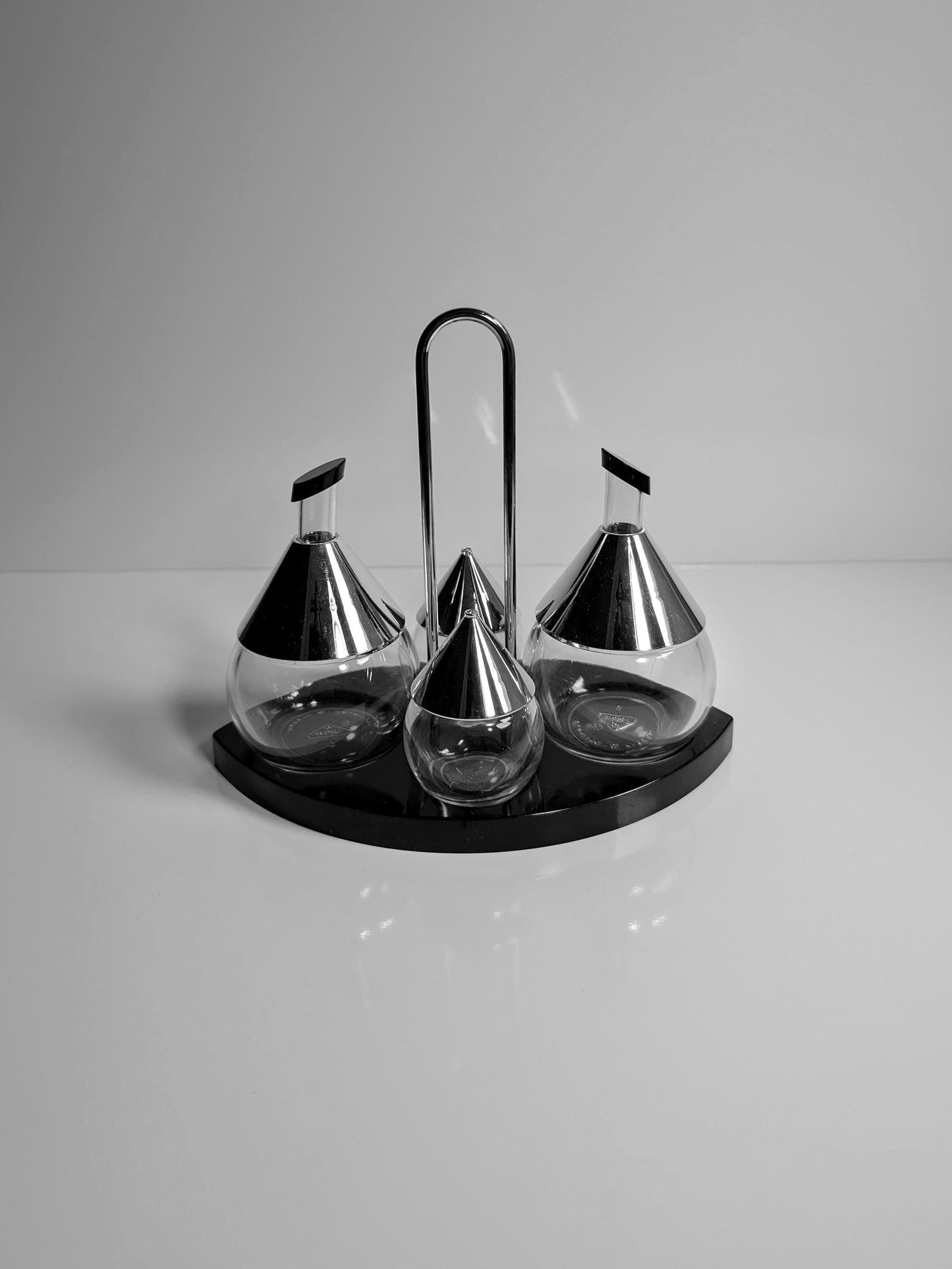 Vintage BMF Cruet 80s Postmodern - Oil, Vinegar, Salt Condiment Set Chrome Metal Glass 80s 1980