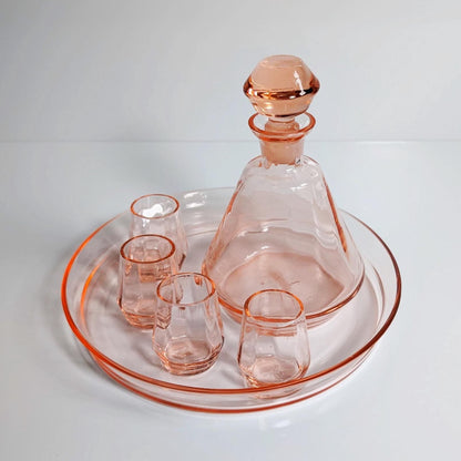 Art Deco Liqueur Set Schnapps Carafe Tray Glass Rosalin Pink 30s 20s Bauhaus