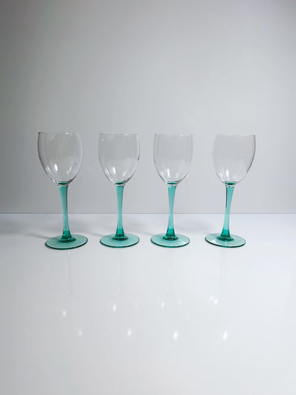 4 Vintage Red White Wine Glasses Turquoise Green Luminarc Glass Goblet 80s Art Deco Revival France