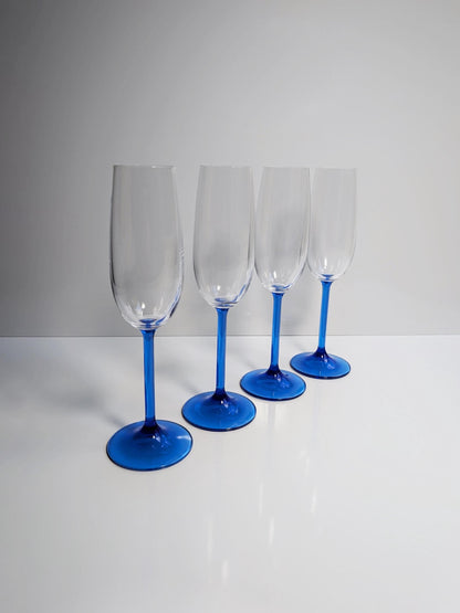 4 Vintage French Champagne Glasses Crystal Glass Blue Luminarc 80s Blue Azure Light Blue Cobalt Ultramarine