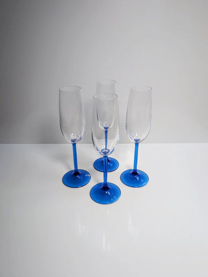 4 Vintage French Champagne Glasses Crystal Glass Blue Luminarc 80s Blue Azure Light Blue Cobalt Ultramarine