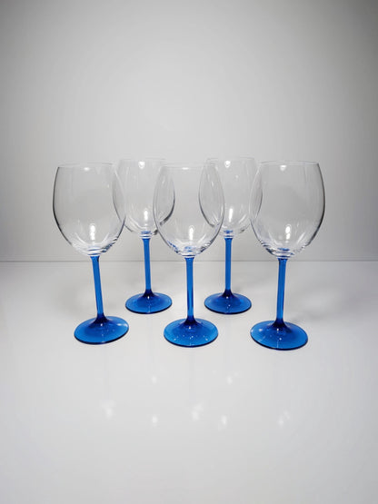 5 Vintage French Wine Glasses Crystal Glass Blue Luminarc 80s Blue Azure Light Blue Cobalt Ultramarine