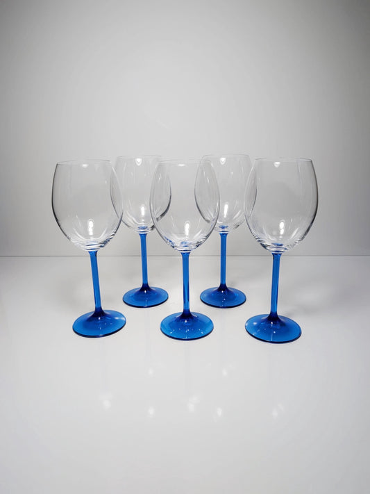 5 Vintage French Wine Glasses Crystal Glass Blue Luminarc 80s Blue Azure Light Blue Cobalt Ultramarine