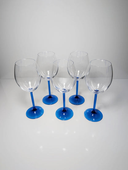 5 Vintage French Wine Glasses Crystal Glass Blue Luminarc 80s Blue Azure Light Blue Cobalt Ultramarine