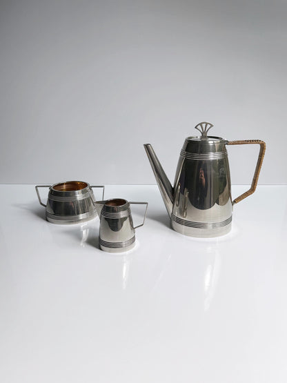 Art Deco Kaffee Set Service 30er 1930 Silber Versilbert Bast Weide Metall Hotelsilber Kanne Zucker Milch