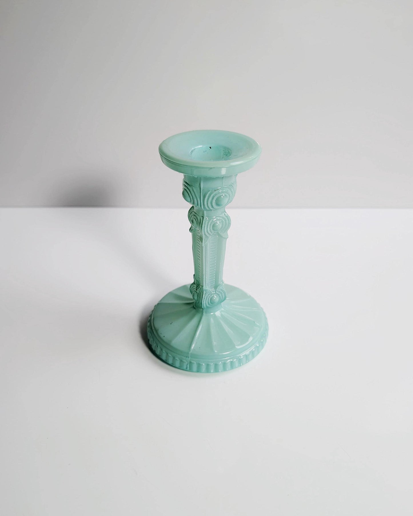 Art Deco Revival Glass Candlestick Candle Holder Mint Green Pastel Turquoise 80s 1980 80s Floral Matt Vintage