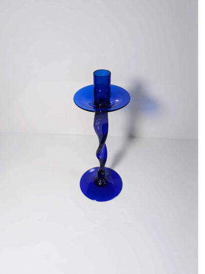 Vintage Glass Candlestick 80s 90s Cobalt Blue Swirl Twisted Large Candle Holder Ultramarine Y2K