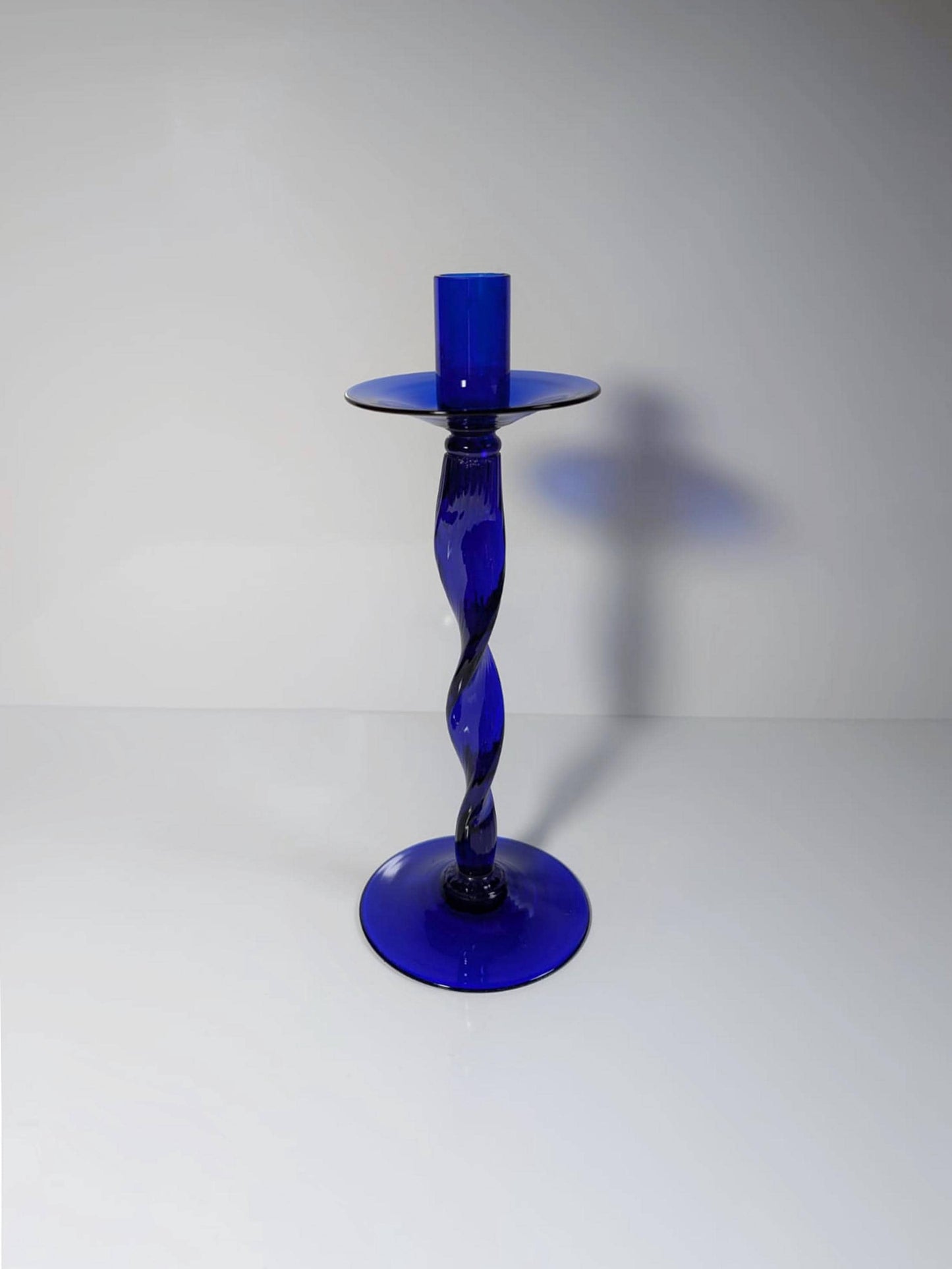 Vintage Glass Candlestick 80s 90s Cobalt Blue Swirl Twisted Large Candle Holder Ultramarine Y2K