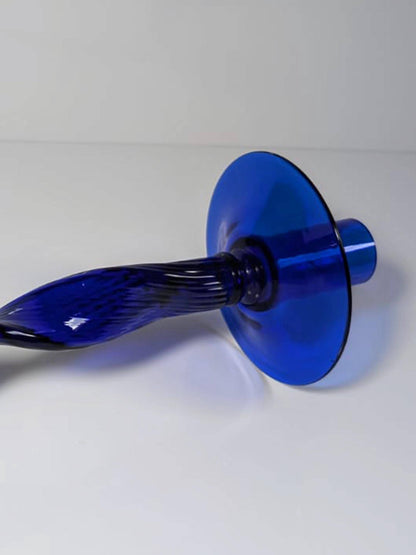 Vintage Glass Candlestick 80s 90s Cobalt Blue Swirl Twisted Large Candle Holder Ultramarine Y2K