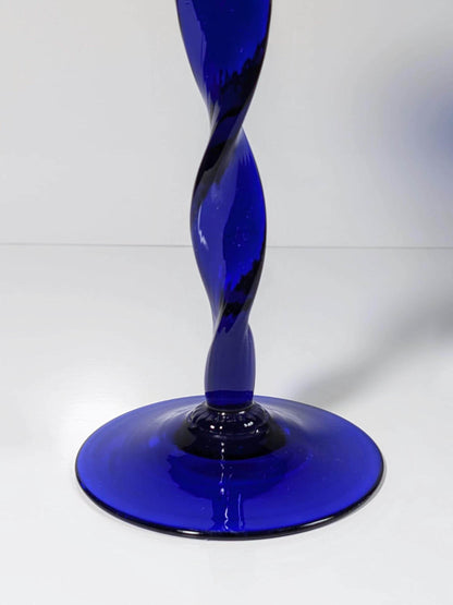 Vintage Glass Candlestick 80s 90s Cobalt Blue Swirl Twisted Large Candle Holder Ultramarine Y2K