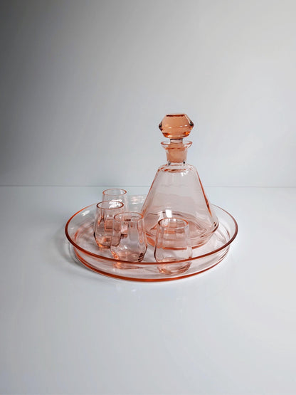 Art Deco Liqueur Set Schnapps Carafe Tray Glass Rosalin Pink 30s 20s Bauhaus