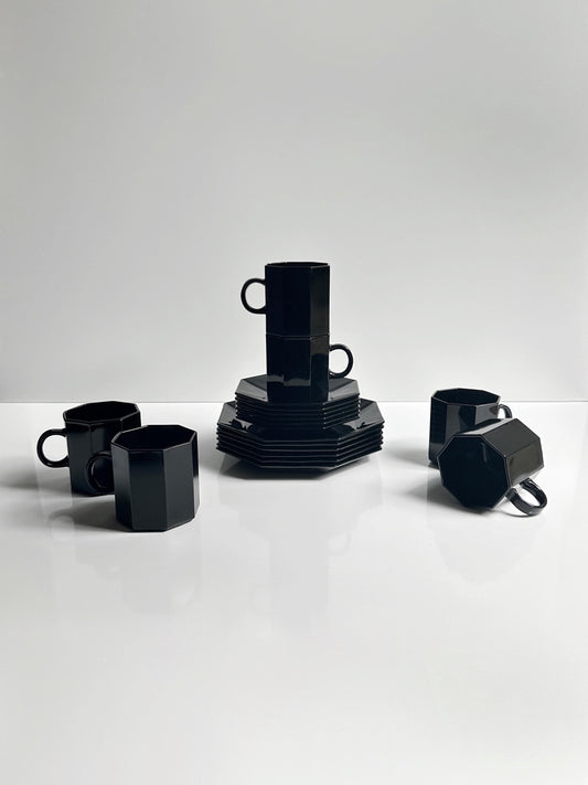 6x Octime SERVICE cups cake plates Arcoroc Octime black glass tea France set 80s 90s Luminarc France Art Deco Revival set