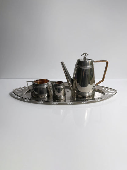 Art Deco Kaffee Set Service 30er 1930 Silber Versilbert Bast Weide Metall Hotelsilber Kanne Zucker Milch