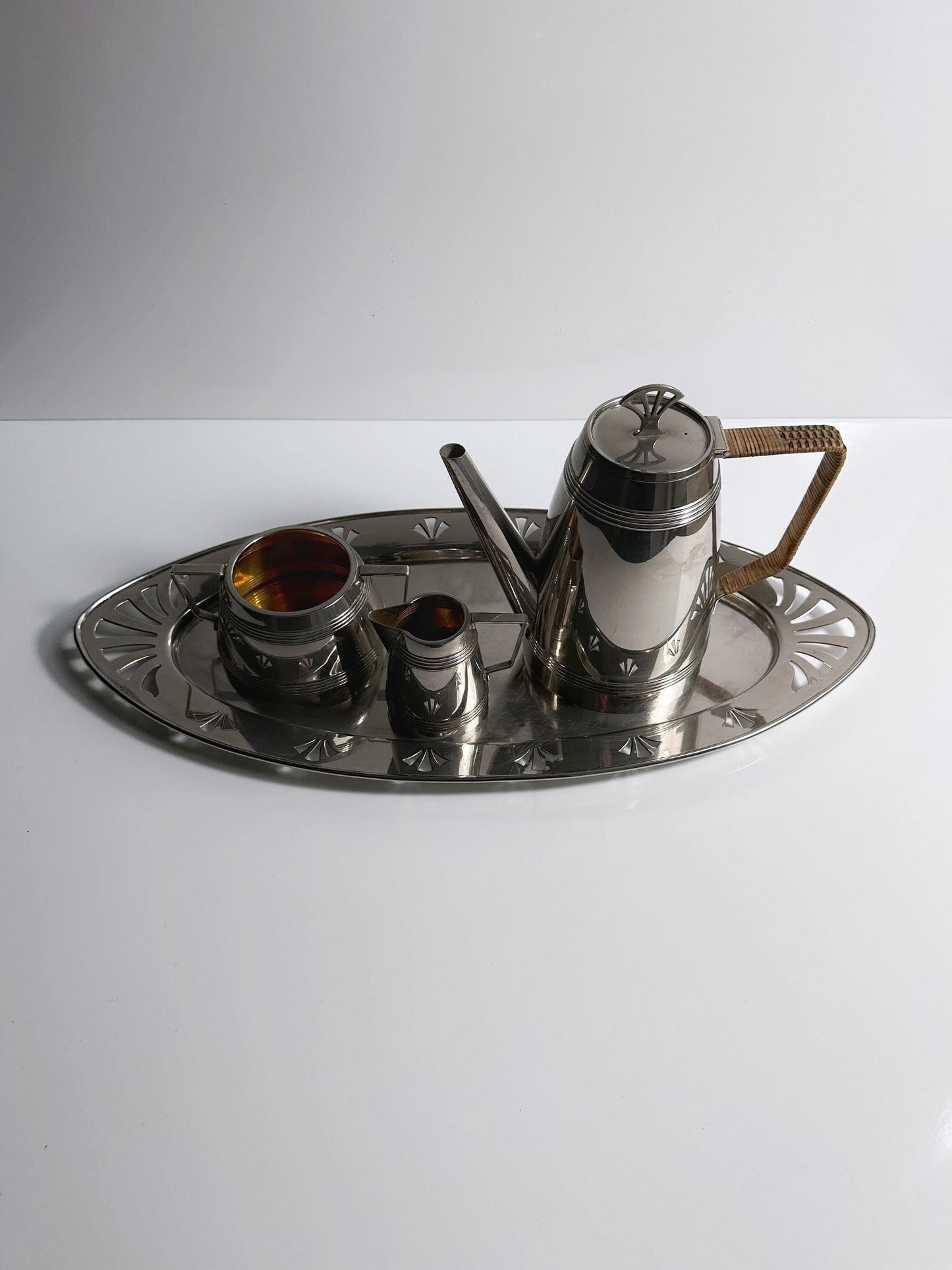 Art Deco Kaffee Set Service 30er 1930 Silber Versilbert Bast Weide Metall Hotelsilber Kanne Zucker Milch