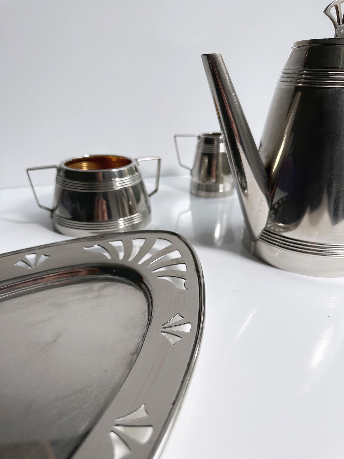 Art Deco Kaffee Set Service 30er 1930 Silber Versilbert Bast Weide Metall Hotelsilber Kanne Zucker Milch