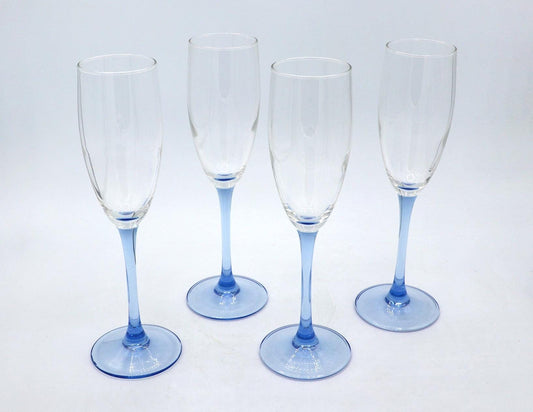 4 Vintage Luminarc Sparkling Wine Glasses 80s Blue Azure Light Blue Goblet Art Deco Revival Champagne Postmodern Champagne