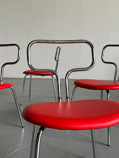 Bauhaus Design Curved Chrome Tubular Steel and Faux Leather Dining Chairs Vintage