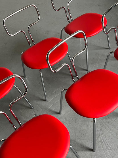 Bauhaus Design Curved Chrome Tubular Steel and Faux Leather Dining Chairs Vintage