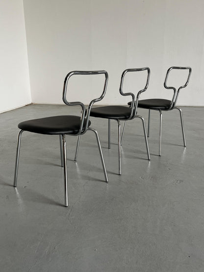 Bauhaus Design Curved Chrome Tubular Steel and Faux Leather Dining Chairs Vintage