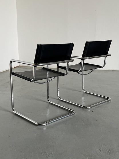 1 von 2 Original 'MG5' Sessel von Centro Studi für Matteo Grassi, Bauhaus Design Rohrstahl und Leder Freischwinger, 1979 Vintage