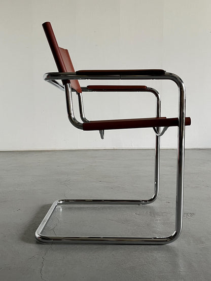 Original 'MG5' Sessel von Centro Studi für Matteo Grassi, Bauhaus Design Freischwinger aus Rohrstahl und Leder, 1979 Vintage