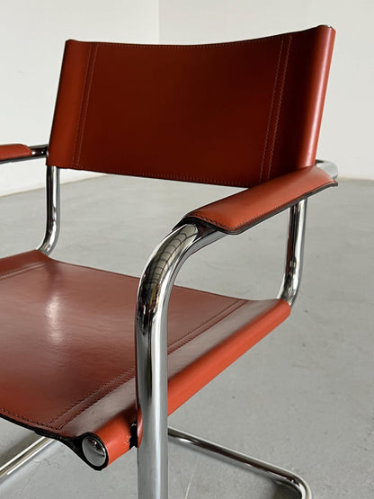 Original 'MG5' Sessel von Centro Studi für Matteo Grassi, Bauhaus Design Freischwinger aus Rohrstahl und Leder, 1979 Vintage