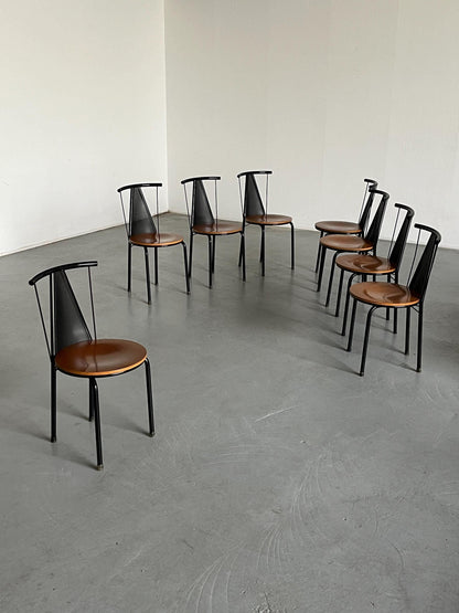 1 of 8 Postmodern Sculptural Vintage Dining Chairs in Black Metal with Round Wooden Seats, 1980s Italy