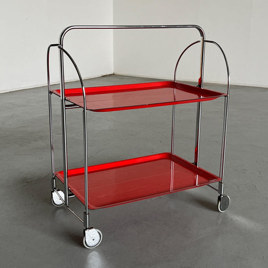 Vintage Red Dinett Serving Cart by Bremshey Gerlinol, Mid-Century Modern Folding Bar Cart, 1960s Germany